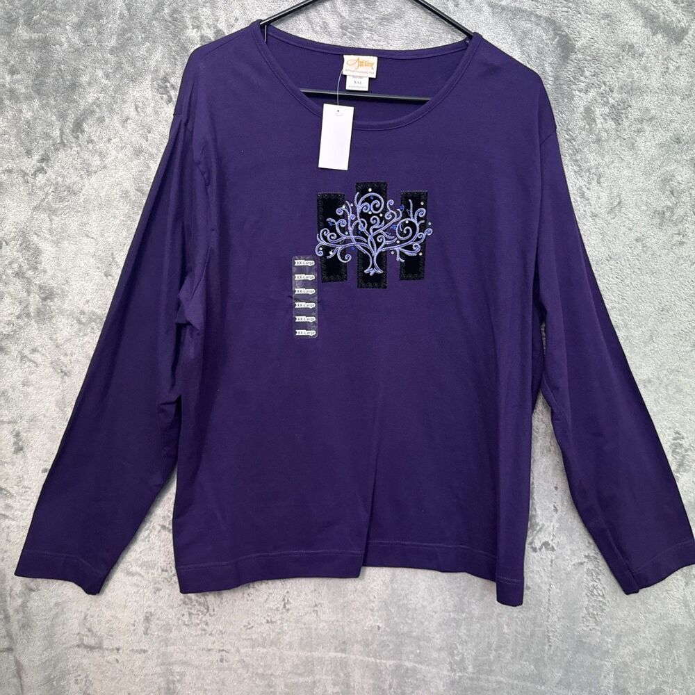 Artisans Tshirt 2x purple with tree motif cotton blend long sleeve NEW